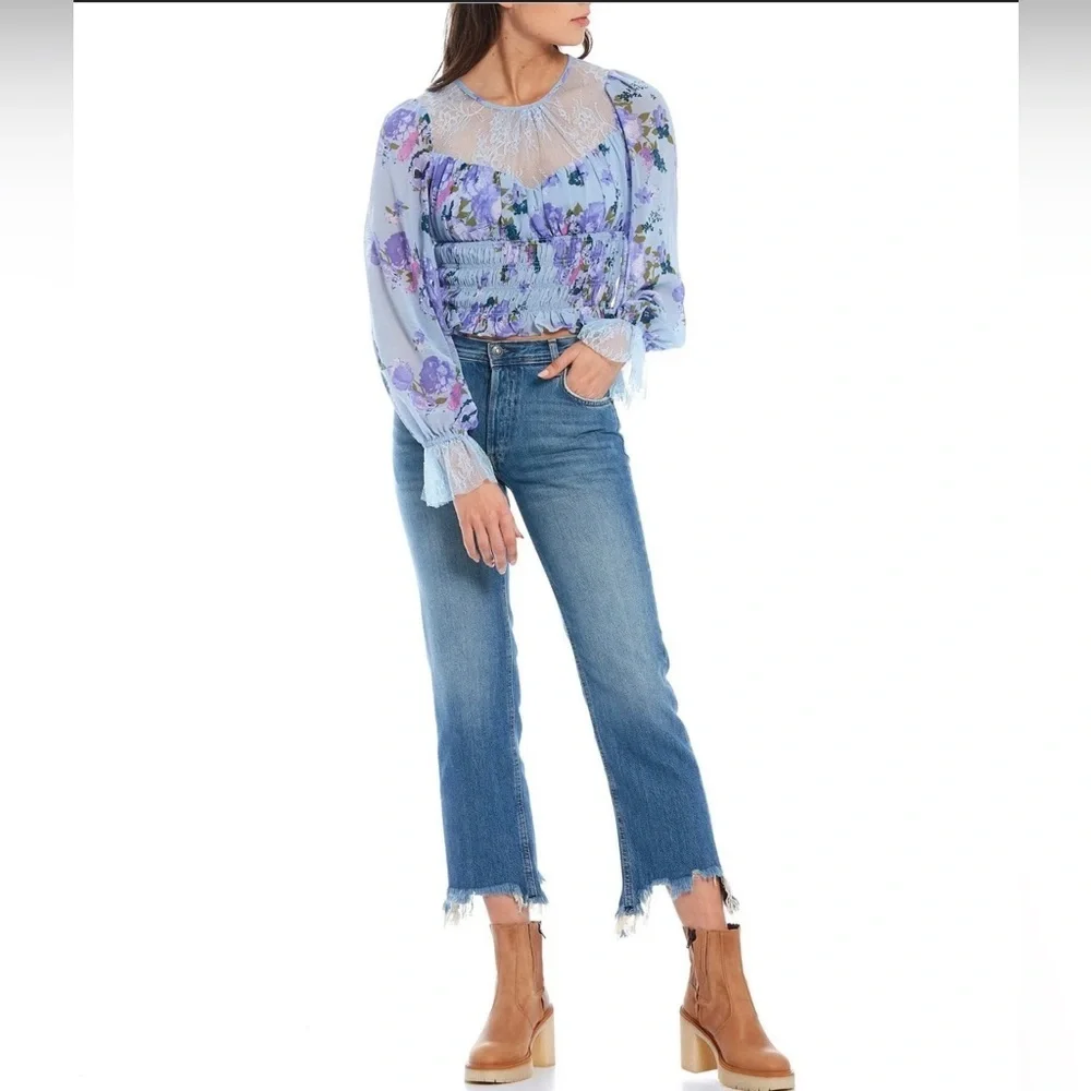 NWT $128R. Free People Daphne Smocked Lace Top